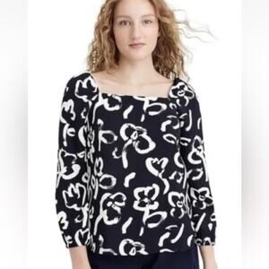 J Crew Floral Brush Stroke Top‎ Sz 6 Crepe Navy Ivory Puff Sleeves Square Neck